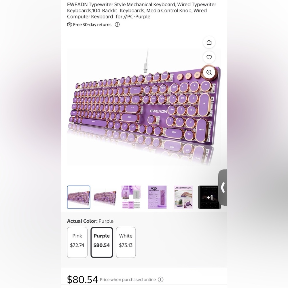EWEADN Typewriter Style Mechanical Keyboard, Wired Backlit PC-Purple New in Box